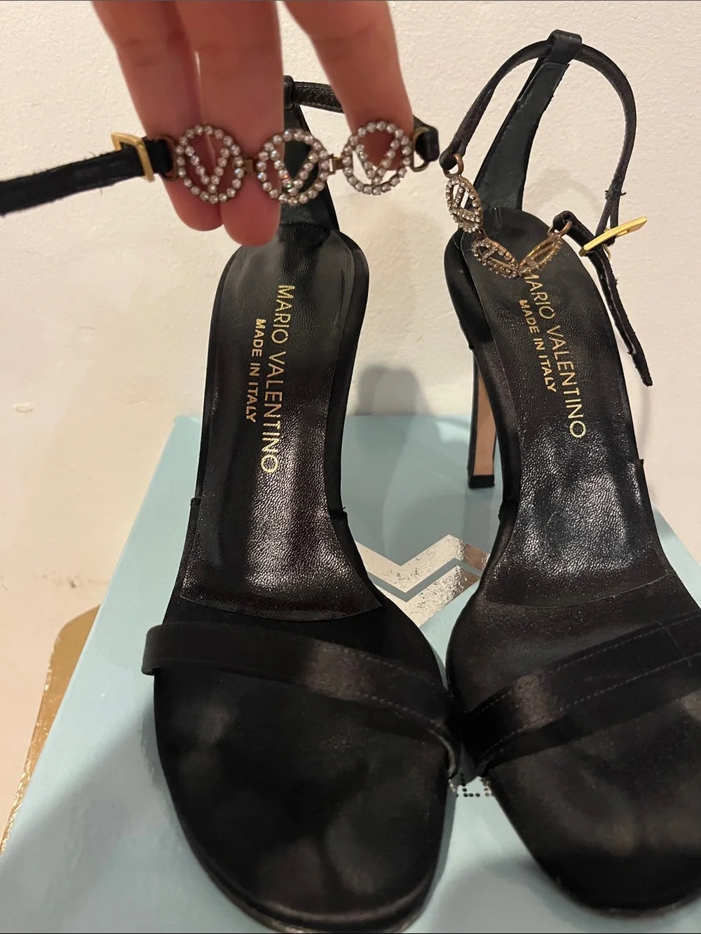 Mario Valentino Black Satin Rhinestone Logo Slingback Heels